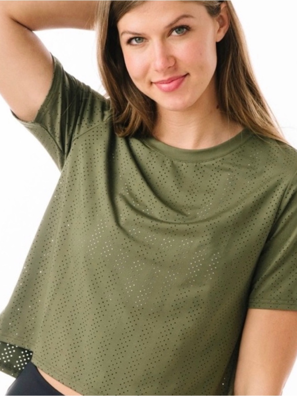 ZYIA Women's Olive Vertical Chill Green Perforated Short-Sleeve Top L